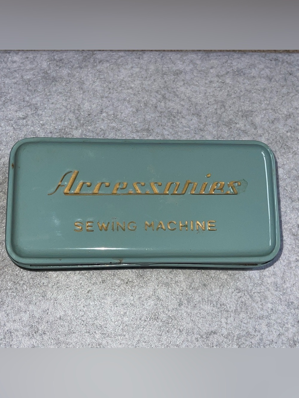 Sewing Machine Accessories Blue Metal Box hinged lid vintage empty